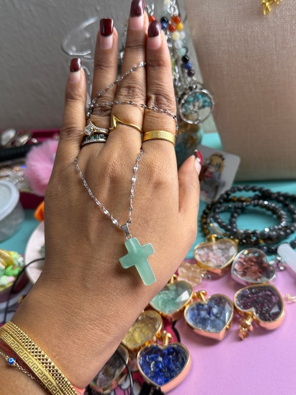 Aventurine Necklace with Silver Chain  Cross Pendant